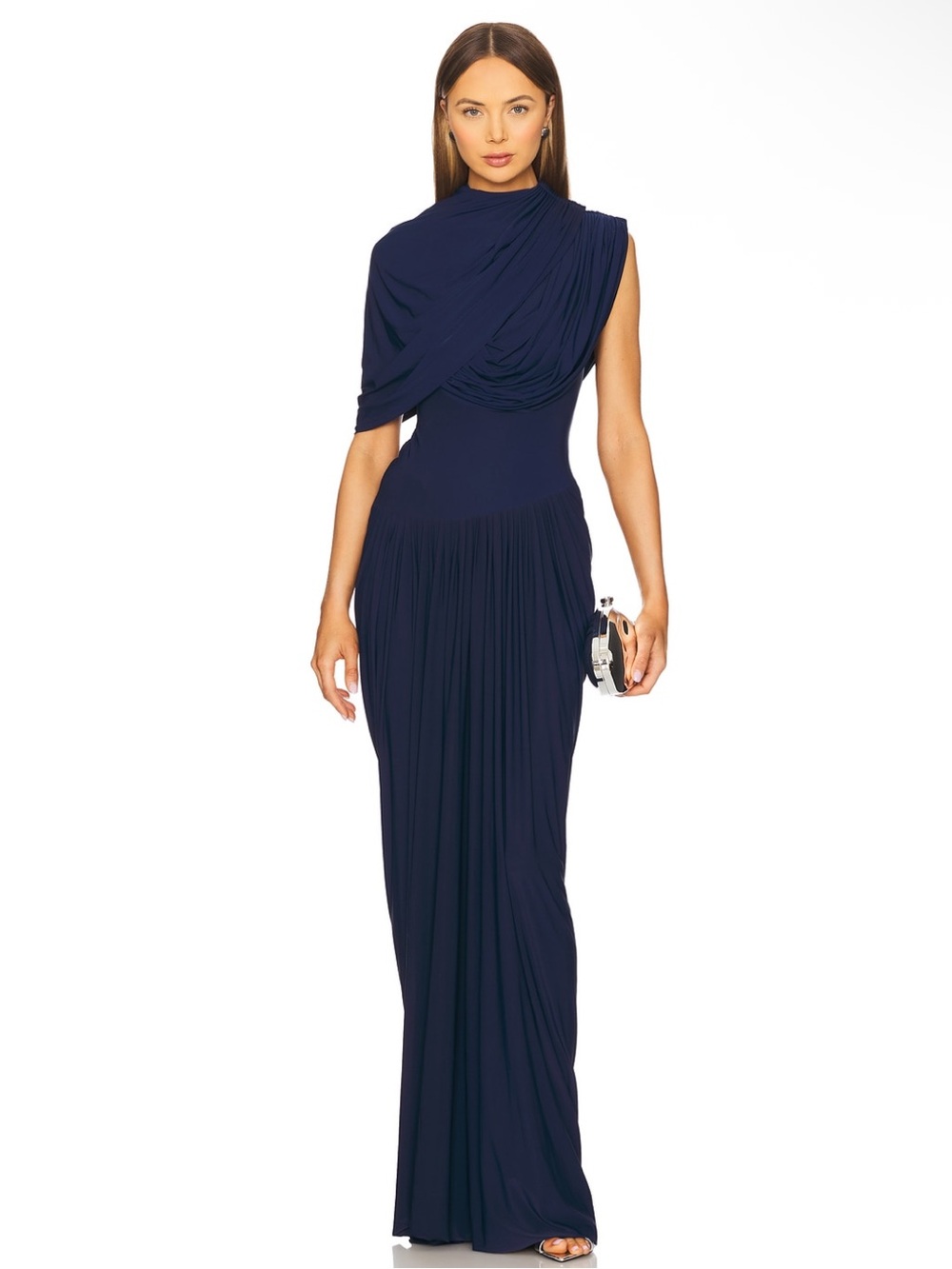 Deme By Gabriella Bloom Side Drape Maxi Gown Dress in Navy Blue size medium
